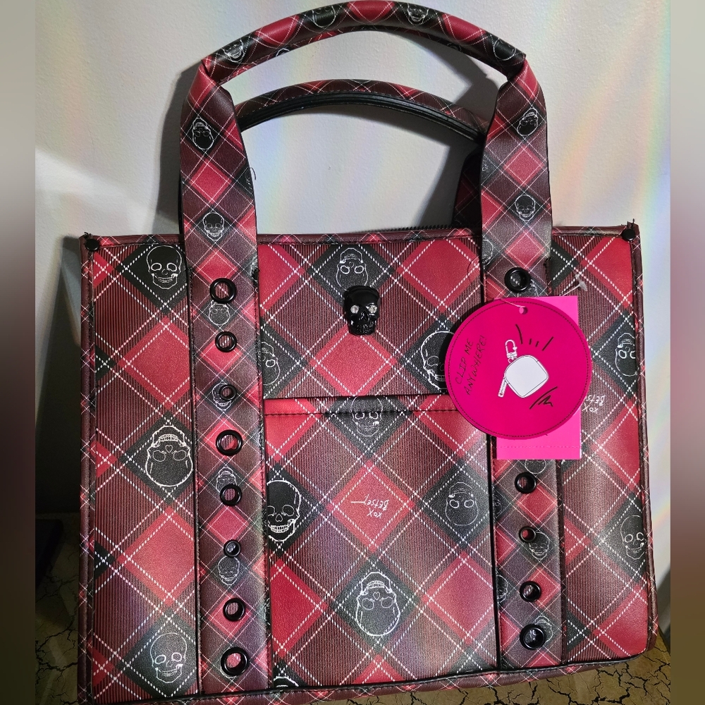 Betsey Johnson Christmas argyle plaid skull print purse tote XOLOLO